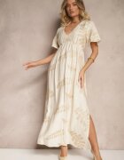 maja studio Rochie Cloș Bej din Viscoză Decorată cu Frunze Brodate Tirvesa