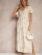 maja studio Rochie Cloș Bej din Viscoză Decorată cu Frunze Brodate Tirvesa
