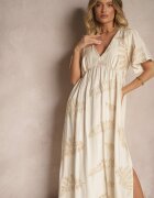 maja studio Rochie Cloș Bej din Viscoză Decorată cu Frunze Brodate Tirvesa