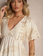 maja studio Rochie Cloș Bej din Viscoză Decorată cu Frunze Brodate Tirvesa