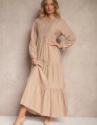 maja studio Rochie Cloș Bej din Viscoză Stil Boho cu Dantelă și Elastic Gonalien