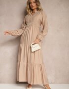 maja studio Rochie Cloș Bej din Viscoză Stil Boho cu Dantelă și Elastic Gonalien