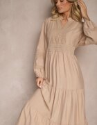 maja studio Rochie Cloș Bej din Viscoză Stil Boho cu Dantelă și Elastic Gonalien