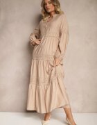 maja studio Rochie din viscoză bej închis evazată cu dantelă Gonalorin