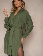 maja studio Rochie Kimono Verde din Viscoză cu Buzunare Decorată cu Inserții Ajourate Salithia