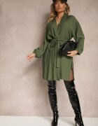 maja studio Rochie Kimono Verde din Viscoză cu Buzunare Decorată cu Inserții Ajourate Salithia