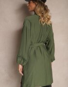 maja studio Rochie Kimono Verde din Viscoză cu Buzunare Decorată cu Inserții Ajourate Salithia