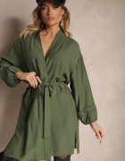 maja studio Rochie Kimono Verde din Viscoză cu Buzunare Decorată cu Inserții Ajourate Salithia