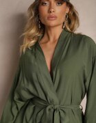 maja studio Rochie Kimono Verde din Viscoză cu Buzunare Decorată cu Inserții Ajourate Salithia