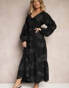 maja studio Rochie Neagră din Viscoză Decorată cu Broderie Metalică Nalainor