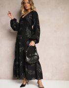 maja studio Rochie Neagră din Viscoză Decorată cu Broderie Metalică Nalainor