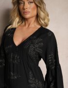 maja studio Rochie Neagră din Viscoză Decorată cu Broderie Metalică Nalainor