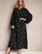 maja studio Rochie Neagră din Viscoză Oversize Decorată cu Broderie Venalari