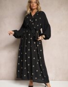 maja studio Rochie Neagră din Viscoză Oversize Decorată cu Broderie Venalari