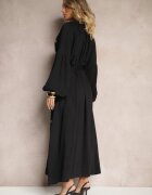 maja studio Rochie Neagră din Viscoză Oversize Decorată cu Broderie Venalari