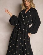 maja studio Rochie Neagră din Viscoză Oversize Decorată cu Broderie Venalari