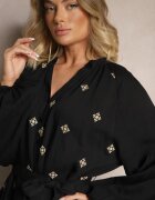 maja studio Rochie Neagră din Viscoză Oversize Decorată cu Broderie Venalari