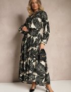 maja studio Rochie Neagră Evazată din Vâscoză cu Motiv Frunze Wilvesia
