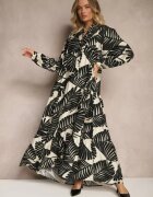 maja studio Rochie Neagră Evazată din Vâscoză cu Motiv Frunze Wilvesia