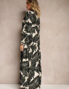 maja studio Rochie Neagră Evazată din Vâscoză cu Motiv Frunze Wilvesia