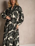 maja studio Rochie Neagră Evazată din Vâscoză cu Motiv Frunze Wilvesia