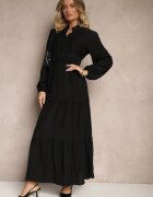maja studio Rochie Neagră Evazată din Viscoză în Stil Boho cu Dantelă și Elastic Gonalien
