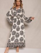 maja studio Rochie Neagră Oversize din Viscoză cu Cordon Decorată cu Imprimeu Etnic Velsekia