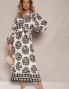 maja studio Rochie Neagră Oversize din Viscoză cu Cordon Decorată cu Imprimeu Etnic Velsekia