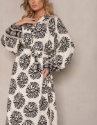 maja studio Rochie Neagră Oversize din Viscoză cu Cordon Decorată cu Imprimeu Etnic Velsekia