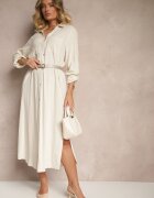 maja studio Rochie Tip Cămașă Bej din Vâscoză și In cu Ajustare la Mâneci Florvezia