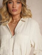 maja studio Rochie Tip Cămașă Bej din Vâscoză și In cu Ajustare la Mâneci Florvezia