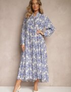 maja studio Rochie Viscoză Albastră cu Model Ornamental cu Croială Cloș Gonalia