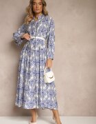 maja studio Rochie Viscoză Albastră cu Model Ornamental cu Croială Cloș Gonalia