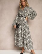 maja studio Rochie Viscoză Neagră cu Model Ornamental cu Croială Evazată Gonalia