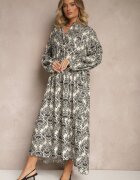 maja studio Rochie Viscoză Neagră cu Model Ornamental cu Croială Evazată Gonalia