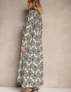 maja studio Rochie Viscoză Neagră cu Model Ornamental cu Croială Evazată Gonalia