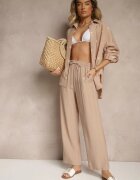 maja studio Set Bej închis Viscoză Oversize Brodat Cămașă și Pantaloni Sadrianae