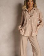 maja studio Set Bej închis Viscoză Oversize Brodat Cămașă și Pantaloni Sadrianae