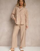 maja studio Set Bej închis Viscoză Oversize Brodat Cămașă și Pantaloni Sadrianae