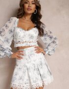 manosque Fustă mini gri cu flori cu talie înaltă și dantelă Natisha