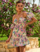 manosque Rochie mini Bej deschis din bumbac cu volan și mâneci căzute Natisani
