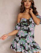 manosque Rochie Mini Bumbac Negru-Violet cu Volan și Mâneci Căzute Natisani