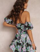 manosque Rochie Mini Bumbac Negru-Violet cu Volan și Mâneci Căzute Natisani