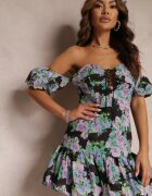 manosque Rochie Mini Bumbac Negru-Violet cu Volan și Mâneci Căzute Natisani