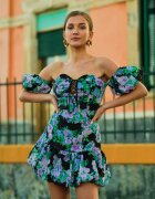 manosque Rochie Mini Bumbac Negru-Violet cu Volan și Mâneci Căzute Natisani