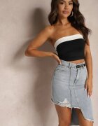 may moda Fustă albastră deschisă asimetrică din denim de bumbac cu talie înaltă cu lanț și curea Vimaliene