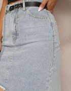 may moda Fustă albastră deschisă asimetrică din denim de bumbac cu talie înaltă cu lanț și curea Vimaliene