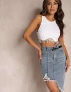 may moda Fustă Asimetrică din Denim de Bumbac Albastră Talie Înaltă cu Lanț și Curea Vimaliene