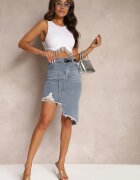 may moda Fustă Asimetrică din Denim de Bumbac Albastră Talie Înaltă cu Lanț și Curea Vimaliene