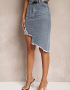 may moda Fustă Asimetrică din Denim de Bumbac Albastră Talie Înaltă cu Lanț și Curea Vimaliene